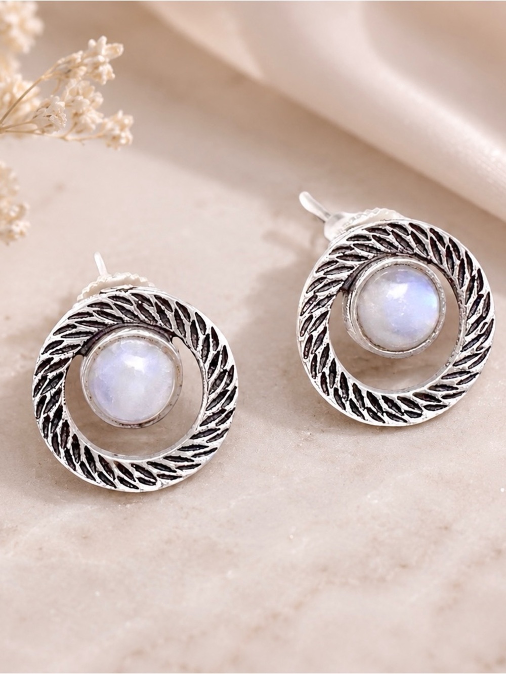 Natural Rainbow Moonstone Silver Stud Post Earrings
